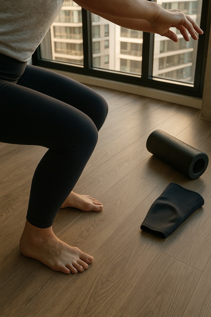 Overhead view of squat with foam roller and knee sleeve