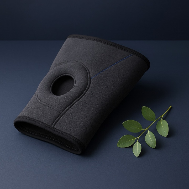 Studio shot of charcoal knee brace with eucalyptus