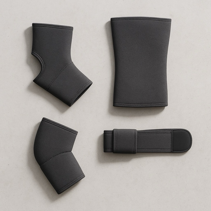 Flat-lay of ankle, knee, elbow and wrist supports
