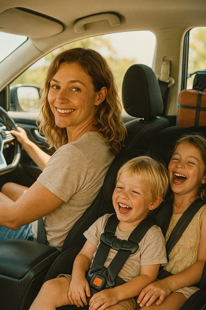Mum looking back at kids in car for road trip