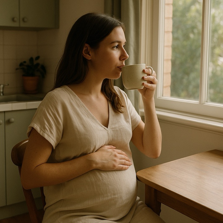 Pregnant woman drinking ginger tea by a window