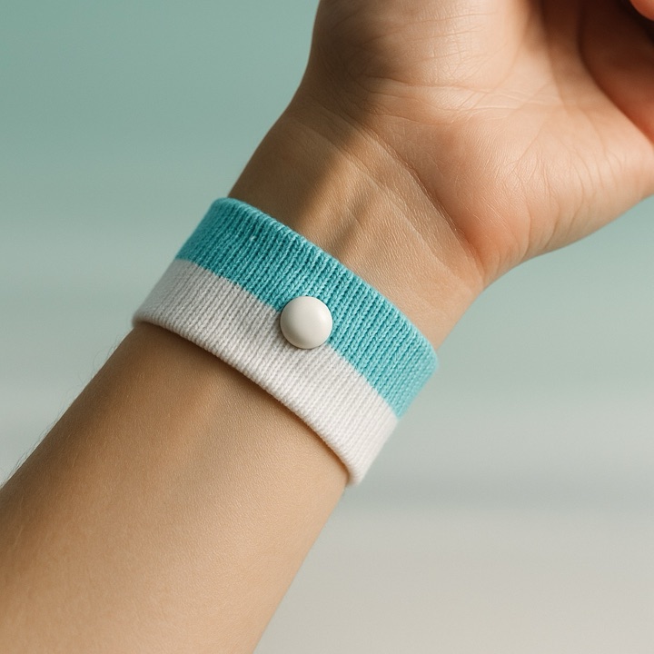 Macro of acupressure wristband on inner wrist