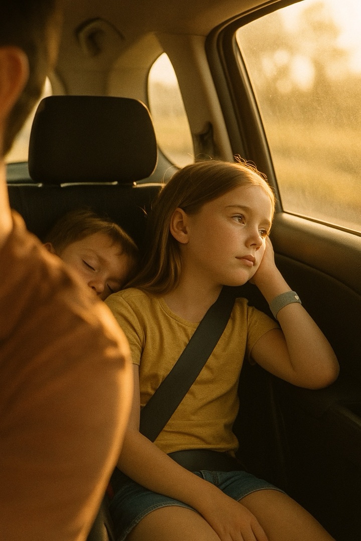 POV of kids in back seat with wristband on