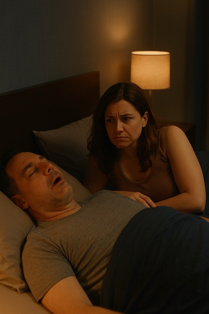 Couple in bed, partner awake while other snores