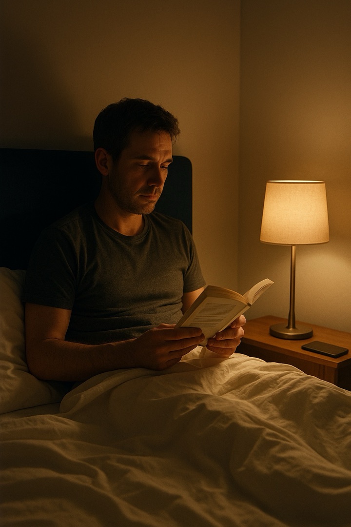 Man reading a book in bed under warm lamp light